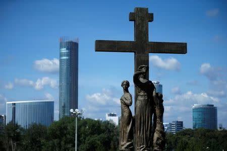 A monument of the last Russian Tsar Nicholas II and his family is seen on the spot where their were executed in Yekaterinburg, Russia, July 28, 2017. REUTERS/David Mdzinarishvili/Files