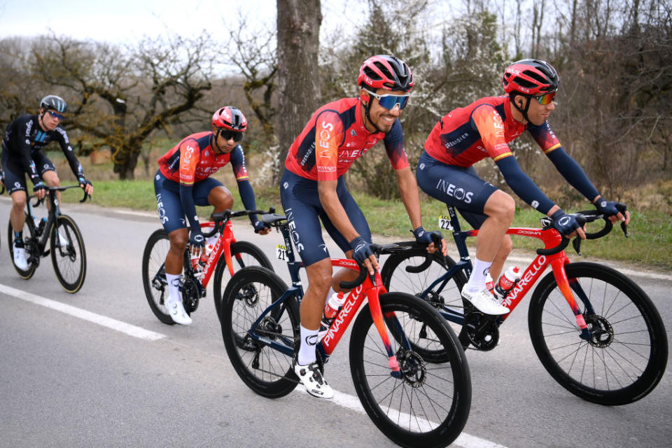 SAINTPAULTROISCHTEAUX FRANCE  MARCH 09 LR Daniel Felipe Martnez of Colombia and Omar Fraile of Spain and Team INEOS Grenadiers compete during the 81st Paris  Nice 2023 Stage 5 a 2124km stage from SaintSymphoriensurCoise to SaintPaulTroisChteaux  UCIWT  ParisNice  on March 09 2023 in SaintPaulTroisChteaux France Photo by Alex BroadwayGetty Images