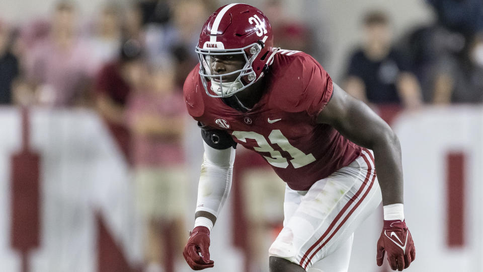 FILE - Alabama linebacker Will Anderson Jr. (31) plays during the first half of an NCAA college football game, Saturday, Sept. 3, 2022, in Tuscaloosa, Ala. Anderson was selected to The Associated Press All-America team released Monday, Dec. 12, 2022. (AP Photo/Vasha Hunt, File)