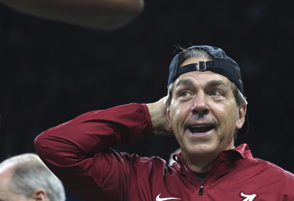 Alabama head coach Nick Saban celebrates after his team won the Sugar Bowl against Clemson. (AP)