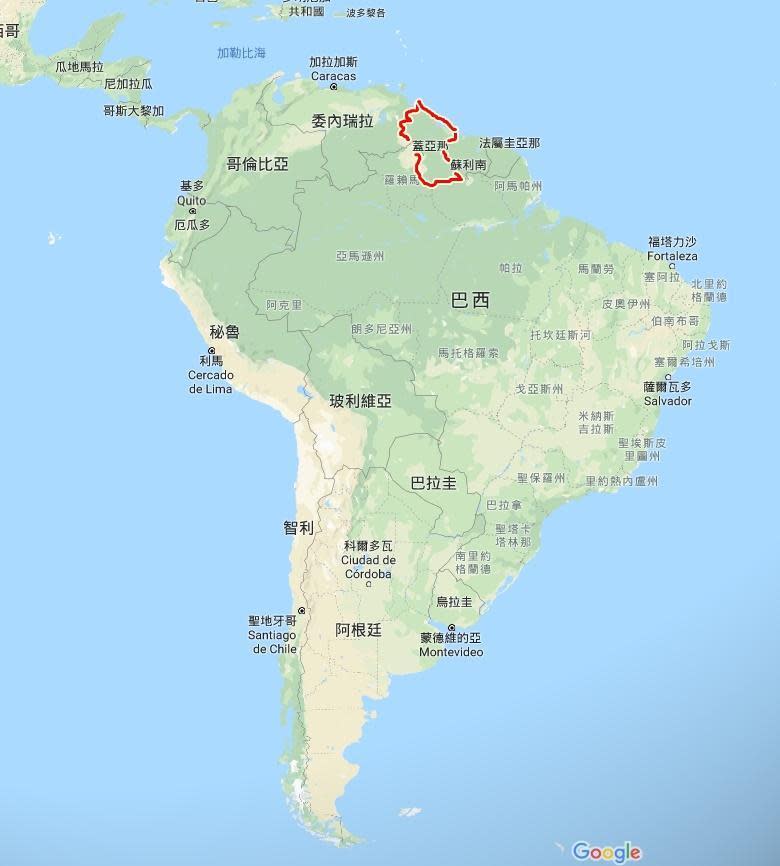 蓋亞那分別與委內瑞拉及巴西毗鄰。（翻攝Google map）