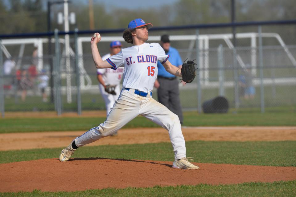 St. Cloud's Truman Toenjes came in for relief for the Crush as Sartell hosted St. Cloud in a baseball game on Thursday, May 12, 2022, at Sartell High School. 