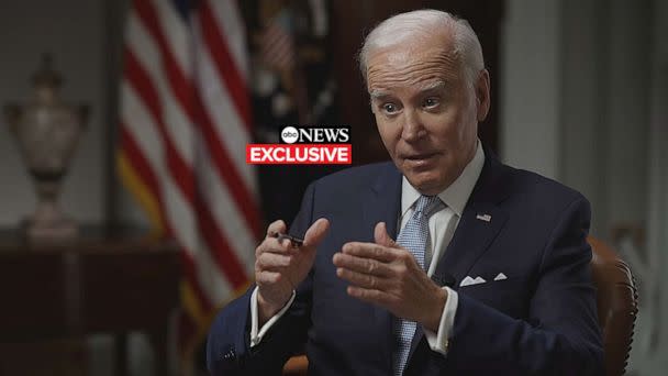 PHOTO: President Joe Biden speaks to ABC News 'World News Tonight' anchor David Muir in an exclusive interview on Feb. 24, 2023. (ABC News)