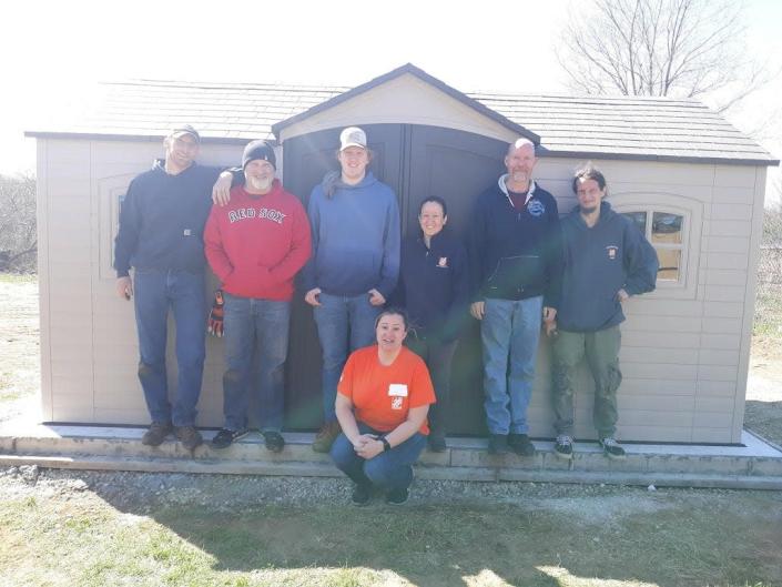 Volunteers from Rochester and Somersworth Home Depot who helped build the new shed at the Somersworth Community Gardens, from left to right, are Roger Bowley, Bill Brown, Seth Howard, Tiff P, Steven Lovell, Donnie Stayffacher and Amy Lau.