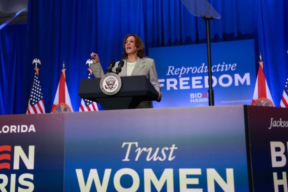 Vice President Kamala Harris speaks in Florida on 1 May, the day the state’s new six-week abortion ban took effect (Getty Images)