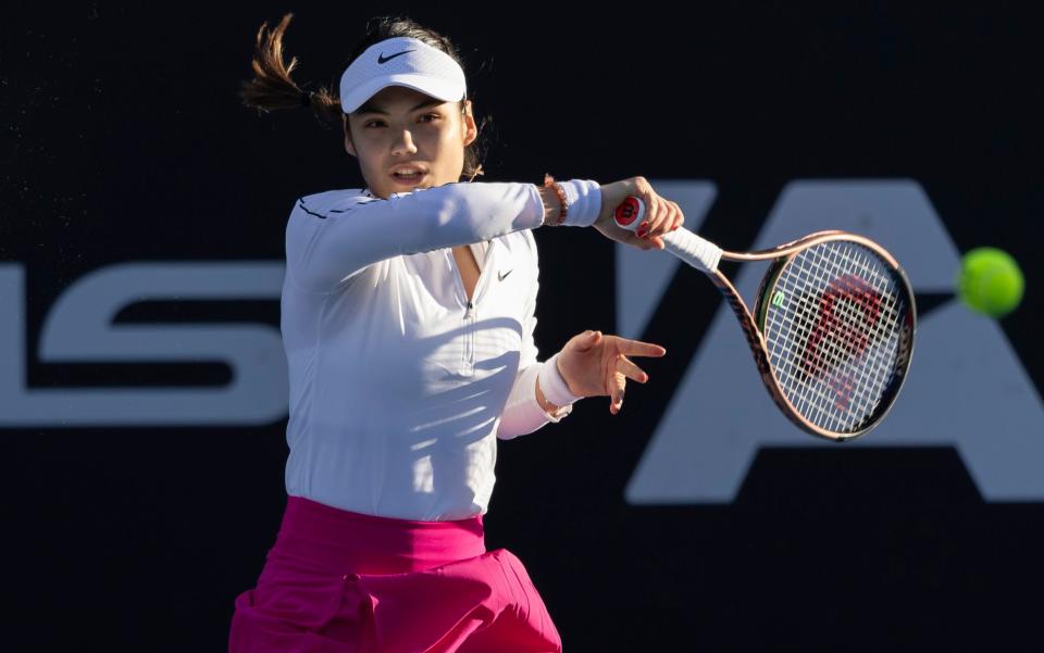 Emma Raducanu hits a return against Elena-Gabriela Ruse at the ASB Classic in Auckland