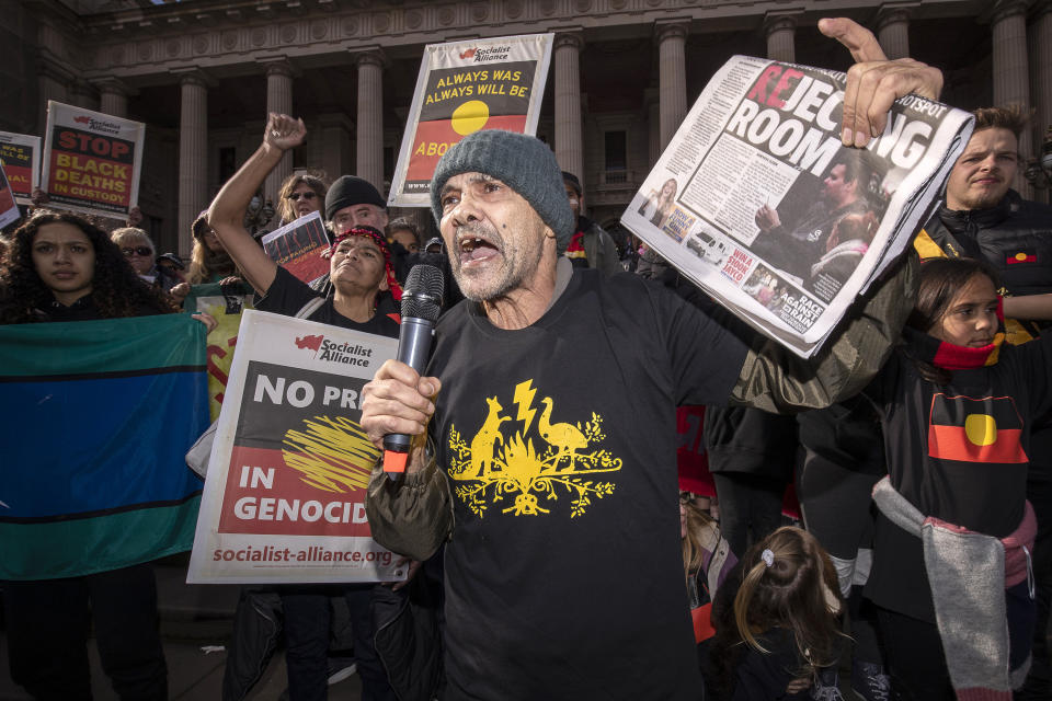 Robbie Thorpe talks during a NAIDOC, National Aborigines and Islanders Day Observance Committee, march in Melbourne, July 6, 2018. Advocates for and against a referendum that would acknowledge Indigenous Australians in the nation's constitution campaigned for a final day on Friday, Oct. 13, 2023, on the eve of the first such ballot in Australia in a generation. Thorpe, an Indigenous activist, drew attention to Indigenous division over the Voice by applying for a High Court injunction to prevent the referendum going ahead. (Daniel Pockett/AAP Image via AP)