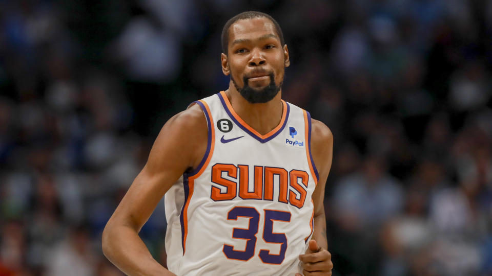 Phoenix Suns forward Kevin Durant (35) runs the court during an NBA basketball game against the Dallas Mavericks, Sunday, March 5, 2023, in Dallas. (AP Photo/Gareth Patterson)