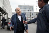 Former president of World football's governing body FIFA, Sepp Blatter speaks to a journalist as he arrives at the building of the Office of the Attorney General of Switzerland to a hearing summoned by Swiss prosecutor on September 1, 2020 in Bern. - Blatter and former UEFA president Michel Platini each face interrogation from the Swiss public prosecutor this week as part of the of the proceedings opened in 2015 over a 2011 payment of 2 million Swiss francs. (Photo by Fabrice COFFRINI / AFP) (Photo by FABRICE COFFRINI/AFP via Getty Images)