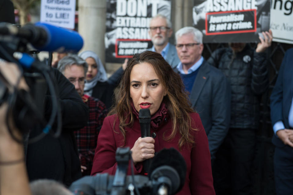 Stella Moris addresses a protest in support of her partner, Julian Assange, on Oct. 28 2021 in London, England.<span class="copyright">Guy Smallman—Getty Images</span>