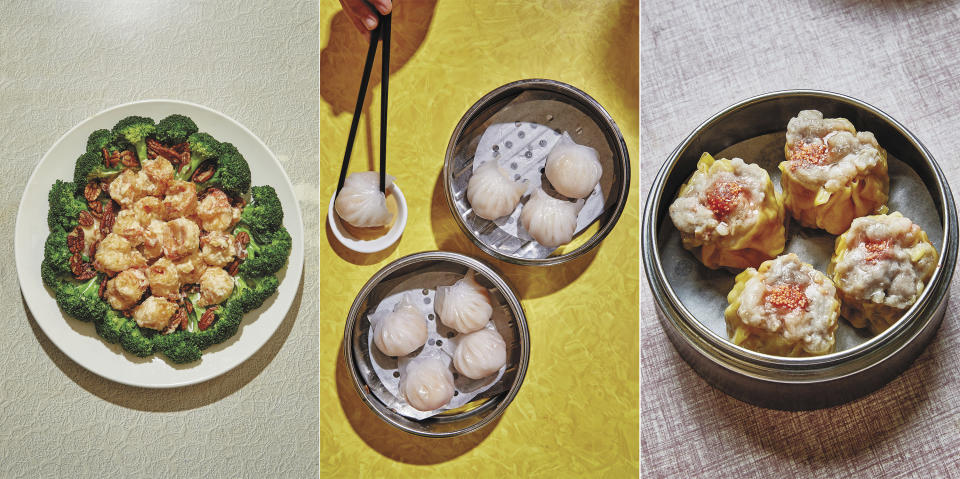 This combination photo shows recipes for walnut shrimp, from left, har gow shrimp dumplings and siu mai dumplings, featured in “The Nom Wah Cookbook: Recipes and Stories from 100 Years at New York City's Iconic Dim Sum Restaurant," by Wilson Tang. (Alex Lau/Ecco via AP)