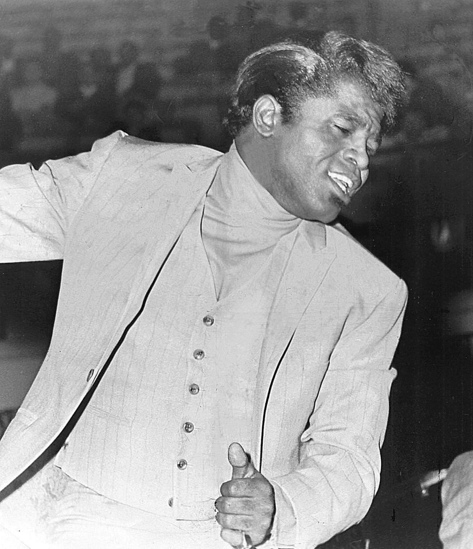 James Brown performs before an audience of 11,733 at the Mid-South Coliseum on 24 Aug 1968. The Augusta, Georgia, singer sang his way to the top of the musical heap as Soul Brother No. 1.