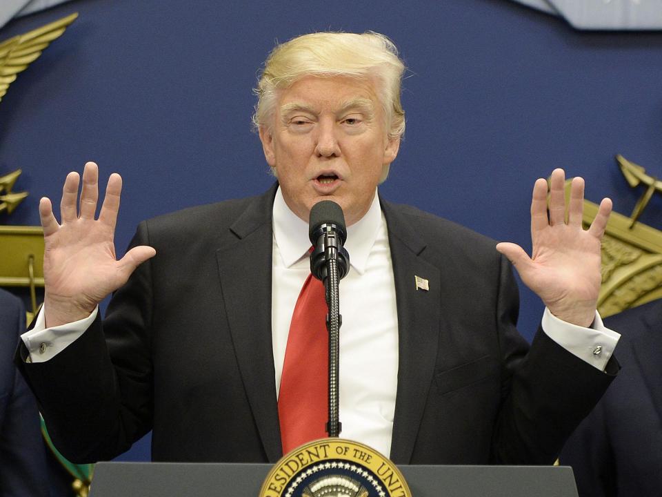 Donald Trump speaks in the Hall of Heroes at the Pentagon in Arlington, Virginia (Olivier Douliery/EPA)