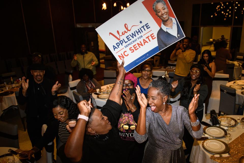 Democrat Val Applewhite celebrates after defeating Republican Wesley Meredith for the North Carolina Senate District 19 seat on Tuesday, Nov. 8, 2022.