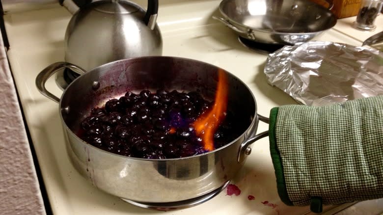 Flambeed cherries in pan