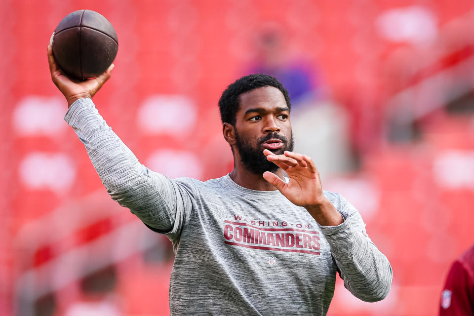Jacoby Brissett #12 of the Washington Commanders. (Photo by Scott Taetsch/Getty Images)