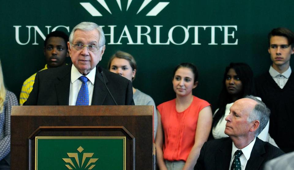 Leon Levine announces the expansion of the Levine Scholars Program at UNC Charlotte Wednesday morning on Oct. 29, 2014.