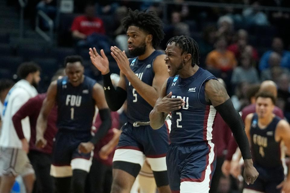 Fairleigh Dickinson's Demetre Roberts (2) reacts during the first half of a First Four college basketball game against Texas Southern in the NCAA men's basketball tournament, Wednesday, March 15, 2023, in Dayton, Ohio. (AP Photo/Darron Cummings)