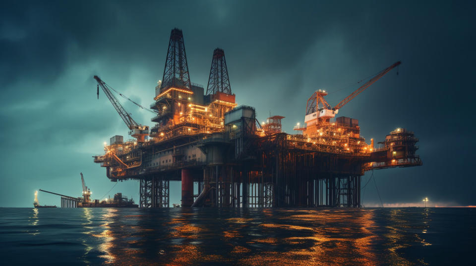 An offshore oil rig at night, illuminated by floodlights, with its shape silhouetted against the dark sky.