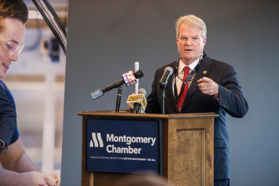 Montgomery County Commissioner Doug Singleton speaks during the grand opening of Premier Tech plant in Montgomery, Ala., on Tuesday, June 6, 2023.