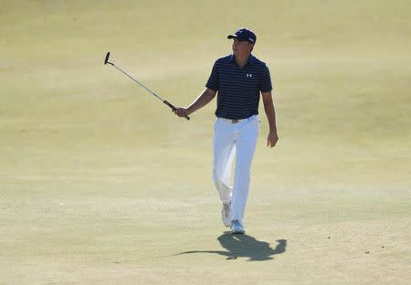 Jun 21, 2015; University Place, WA, USA; Jordan Spieth waves to the crowd as he walks to the 18th green in the final round of the 2015 U.S. Open golf tournament at Chambers Bay. Mandatory Credit: Kyle Terada-USA TODAY Sports