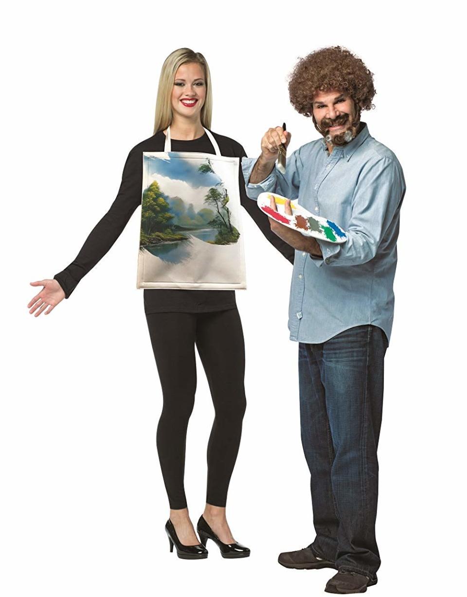 Bob Ross Kit & Painted Canvas Couples Halloween Costume 