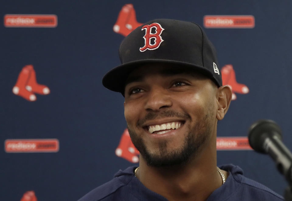 Boston Red Sox shortstop Xander Bogaerts smiles at a news conference before a baseball game against the Oakland Athletics in Oakland, Calif., Monday, April 1, 2019. (AP Photo/Jeff Chiu)