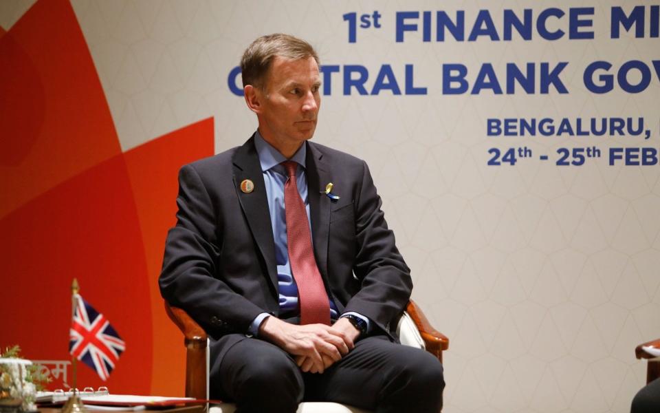 Jeremy Hunt, UK chancellor of the exchequer, during a bilateral meeting with Janet Yellen, US Treasury secretary, at the Group of 20 (G-20) finance ministers and central bank governors meeting in Bengaluru, India, on Friday, Feb. 24, 2023. The world's most powerful finance ministers and central bank chiefs are gathering this week, with the one-year anniversary of Russiaâ€™s invasion of Ukraine â€” and its impacts on the global economy â€” looming over an agenda focused on the risks of debt distress and fighting inflation. Photographer: Samyukta Lakshmi/Bloomberg - Samyukta Lakshmi/Bloomberg