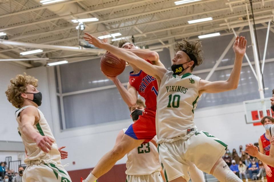 Campbell-Savona's Cade Cochran pushes through the defense from Avoca/Prattsburgh's Caleb Johnson in Addison.