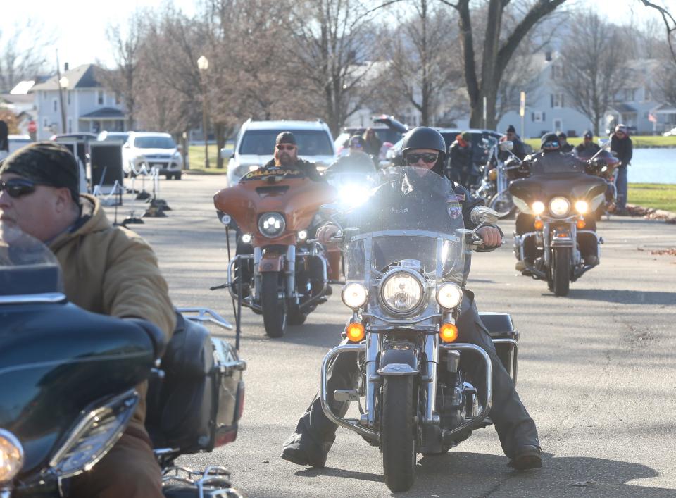 A group of motorcycle riders showed up to donate to the toy drive at Tuscora Park.