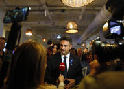 Conservative independent candidate Peter Marki-Zay talks with the media in Budapest, Hungary, Sunday, Oct. 17, 2021, after he won an opposition primary race in Hungary, making him nominee of a six-party opposition coalition who will lead a challenge to right-wing populist Prime Minister Viktor Orban in national elections next spring. (AP Photo/Laszlo Balogh)