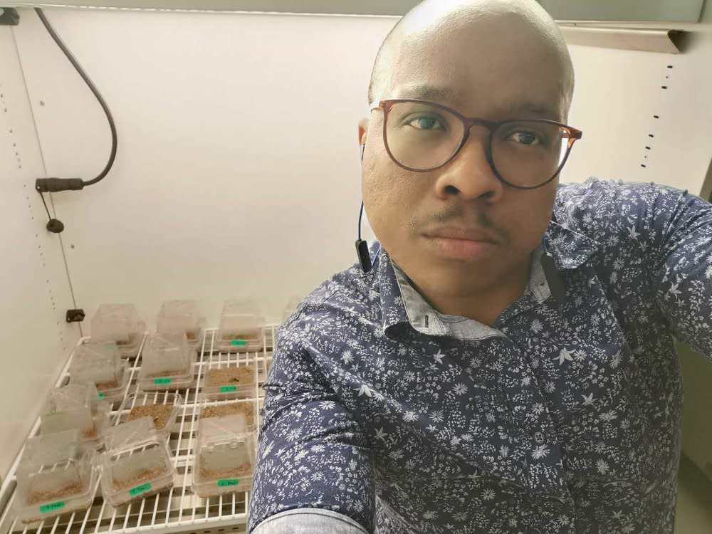 This 2019 photo provided by Itumeleng Moroenyane shows him in Laval, Quebec, Canada. Moroenyane, a doctoral student at the National Institute of Scientific Research in Quebec, grew up in post-apartheid South Africa and says he was the only Black botany student in his university’s graduating class. (Itumeleng Moroenyane via AP)