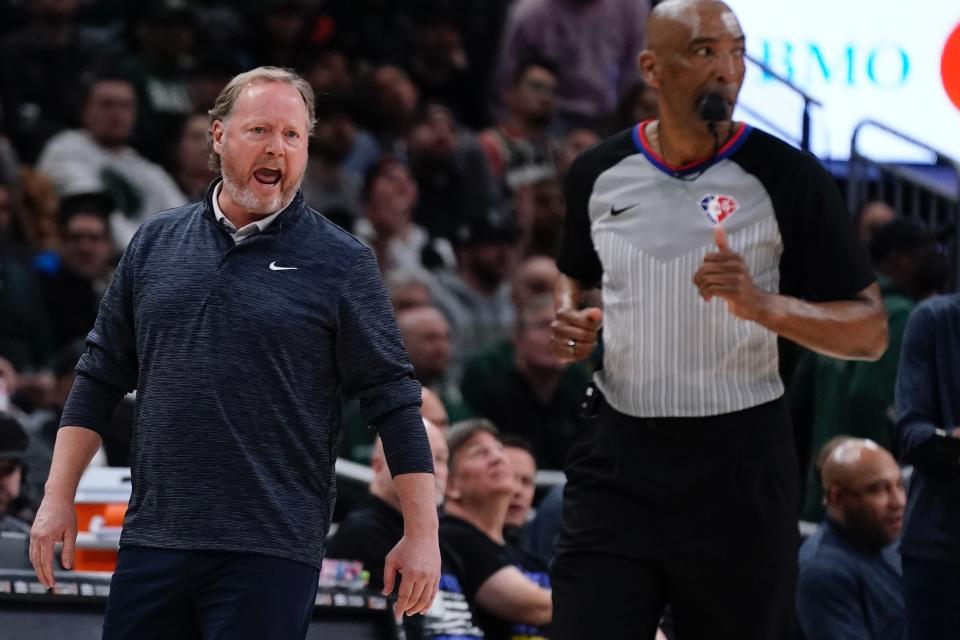 Milwaukee Bucks head coach Mike Budenholzer argues a call during the first half of an NBA basketball game Wednesday, March 2, 2022, in Milwaukee . (AP Photo/Morry Gash)
