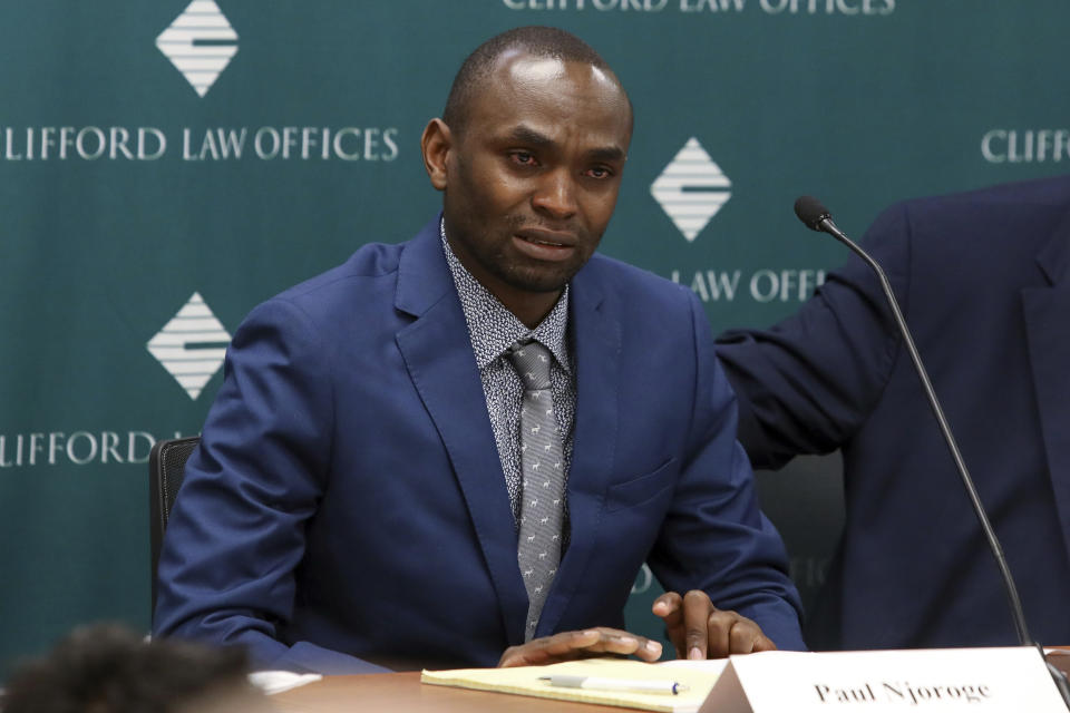 FILE - In this April 29, 2019, file photo, Paul Njoroge, who lost his wife and three young children in the March 10 crash of an Ethiopian Airlines' Boeing 737 Max 8 aircraft, speaks at a news conference in Chicago. Njoroge believes Boeing should scrap the 737 Max, and he wants the company’s top executives to resign and face criminal charges for not grounding the plane after a deadly accident last October. On Wednesday, July 17, Njoroge will be the first relative of any of the 346 passengers who died in those crashes to testify before Congress. (AP Photo/Teresa Crawford, File)