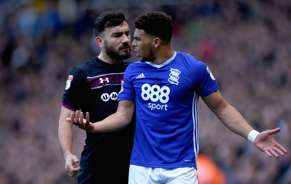 Che Adams of Birmingham City and Robert Snodgrass of Aston Villa clash during the draw at St Andrews earlier this season