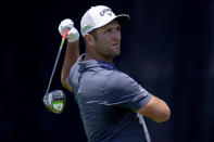 Jon Rahm, of Spain, hits from the seventh tee during a practice round of the U.S. Open Golf Championship, Tuesday, June 15, 2021, at Torrey Pines Golf Course in San Diego. (AP Photo/Gregory Bull)