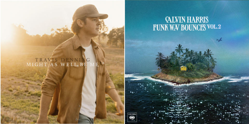 En esta combinación de imágenes, el arte del nuevo EP de Travis Denning, "Might As Well Be Me", y del nuevo álbum de Calvin Harris, "Funk Wav Bounces Vol. 2". (Mercury Nashville/Columbia Records vía AP)
