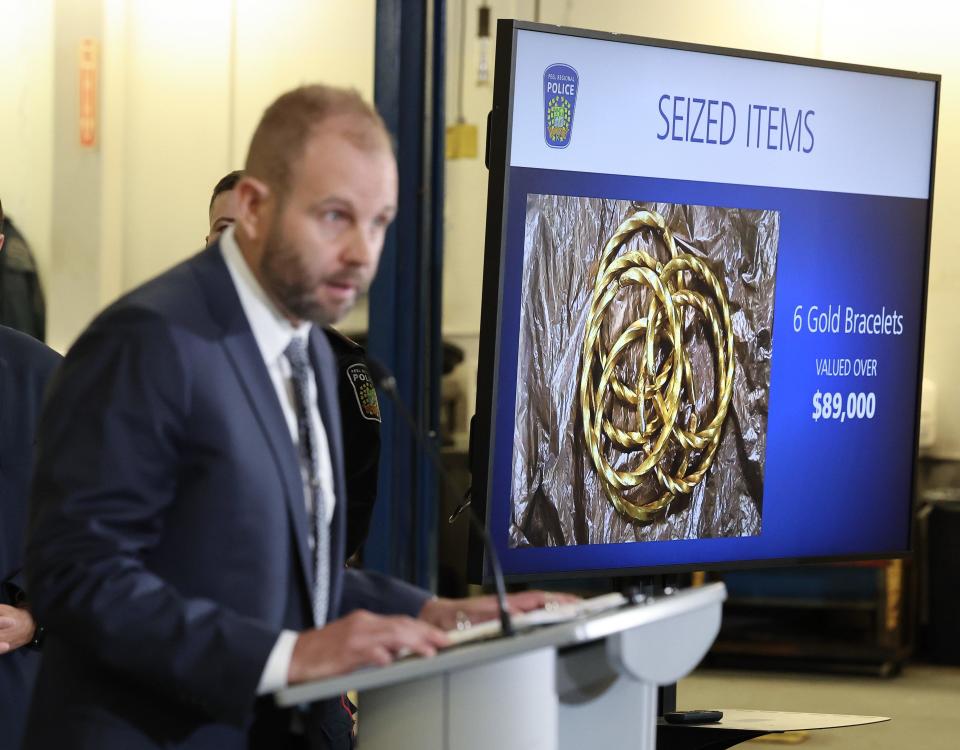 Sgt. Mike Mavity of the Peel Police in Canada speaks to the media about arrests made in the theft of $20 million in gold from Toronto's Pearson International Airport, as part of Project 24Karat, a joint investigation with U.S. federal agents, on April 17, 2024.  / Credit: Richard Lautens/Toronto Star via Getty Images