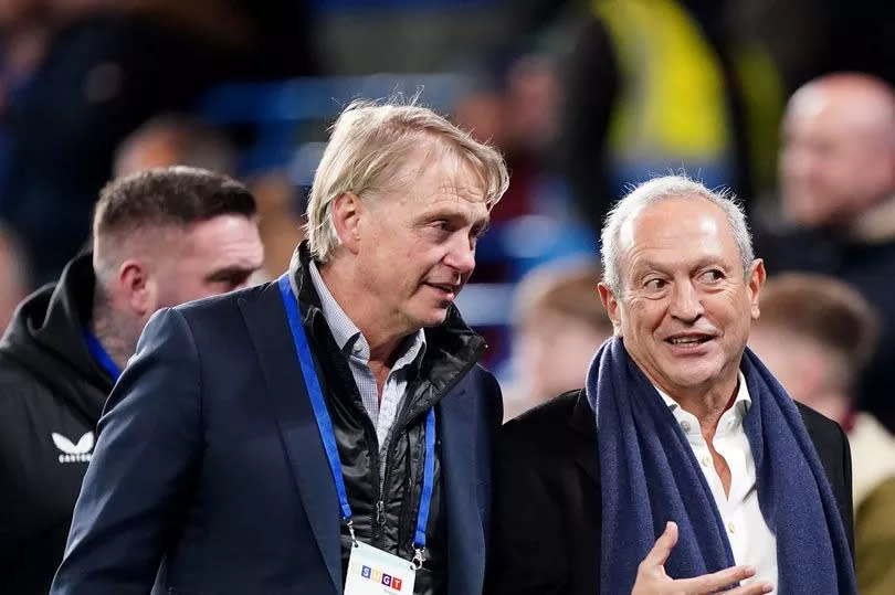 Aston Villa co-owners Wes Edens and Nassef Sawiris pictured at Stamford Bridge