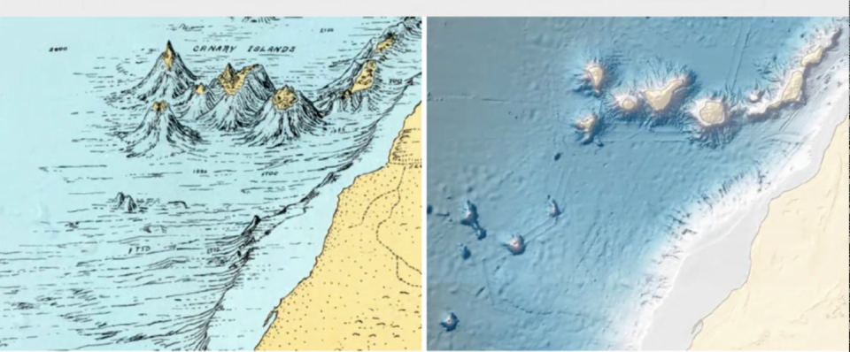 Left. Detail of Canary Islands from Marie Tharp’s physiographic map of the North Atlantic. Right. Modern swath mapping depiction of the same area. Colors indicate depth. Vicki Ferrini, Lamont-Doherty Earth Observatory.