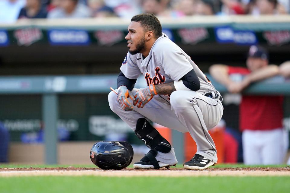 Tigers first baseman Harold Castro reacts after striking out during the top of the third inning on Monday, Aug. 1, 2022, in Minneapolis.