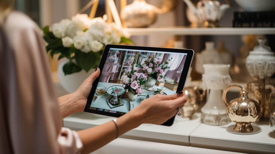 Close-up shot of a customer browsing stylish home décor items in an online retailer.