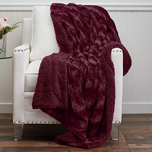 14) The Connecticut Home Company Soft Fluffy Faux Fur Bed Throw Blanket, Luxury Sherpa Reversible Blankets, Comfy Plush Washable Accent Throws for Sofa Beds, Couch, Fuzzy Home Bedroom Decor, 65x50, Merlot