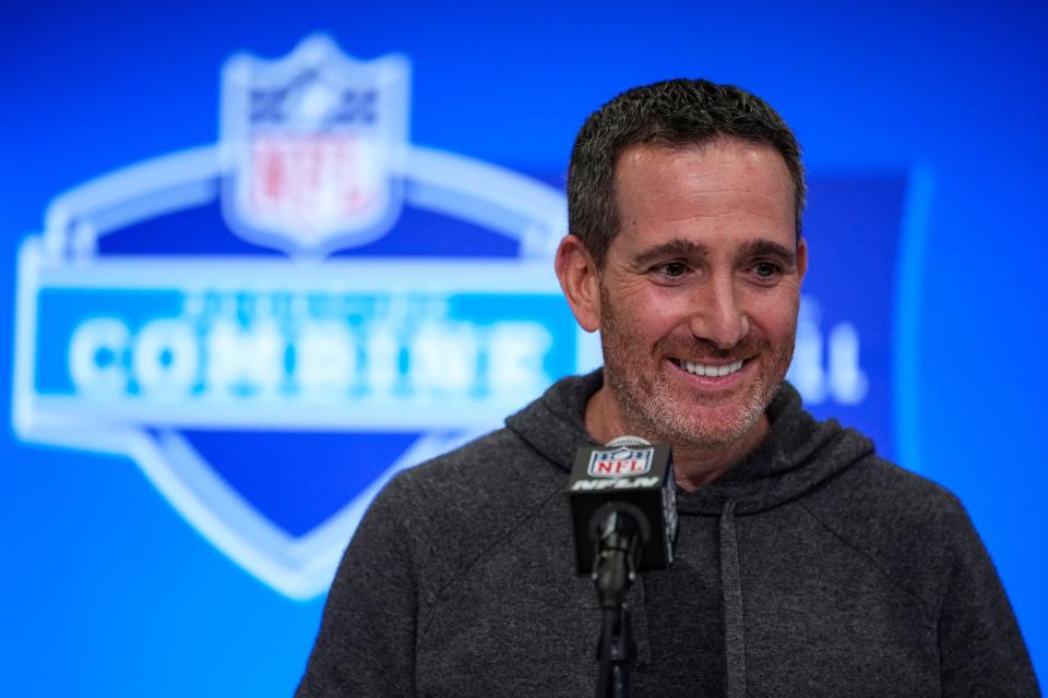 Philadelphia Eagles general manager Howie Roseman speaks during a press conference at the NFL football scouting combine in Indianapolis, Tuesday, Feb. 27, 2024.