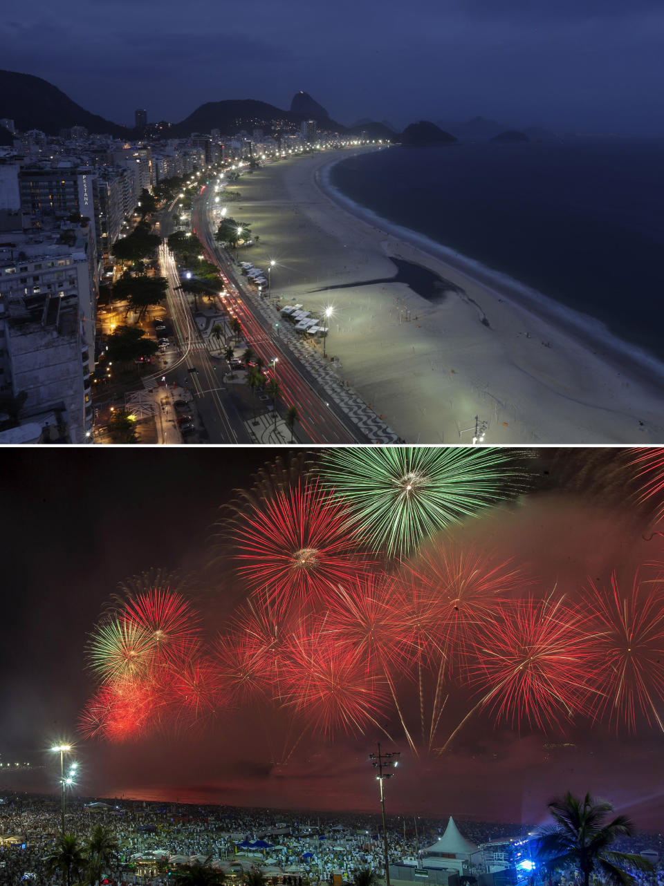 This combo of two photos shows an empty Copacabana Beach amid the COVID-19 pandemic shutdown in Rio de Janeiro, Brazil, Thursday, Dec. 31, 2020, top, contrasted with one year prior, on Jan. 1, 2020, when a crowd watched fireworks on New Year's at the same location. (AP Photo/Bruna Prado)