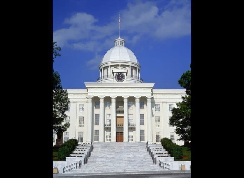 <strong>ALABAMA STATE CAPITOL</strong>  Montgomery, Alabama    <strong>Year completed:</strong> 1851  <strong>Architectural style:</strong> Greek Revival  <strong>FYI:</strong> A bronze star marks the spot where Jefferson Davis, newly named president of the Confederate States of America, gave his inaugural address.  <strong>Visit:</strong> Guided tours are offered on Saturdays at 9 a.m., 11 a.m., 1 p.m., and 3 pm.  