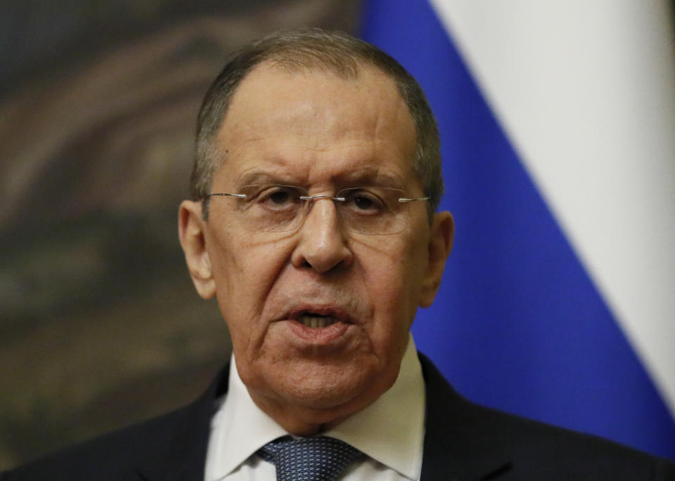 Russian Foreign Minister Sergei Lavrov attends a joint press conference with his Eritrean counterpart following their talks in Moscow on April 27, 2022. (Photo by Yuri KOCHETKOV / POOL / AFP) (Photo by YURI KOCHETKOV/POOL/AFP via Getty Images)