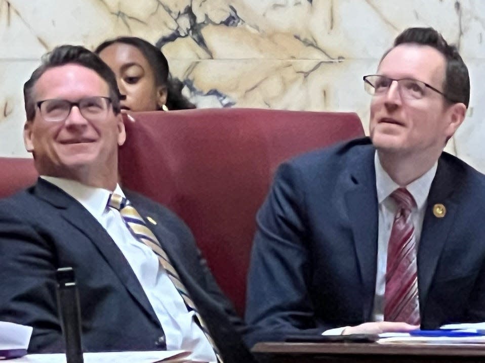 Maryland state Sens. Steve Hershey, R-Caroline/Cecil/Kent/Queen Anne's, left, and Justin Ready, R-Carroll/Frederick, right, listen on the Senate floor Feb. 29, 2024. Hershey is the Senate Minority Leader and Ready is the Minority Whip.