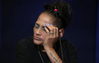 Elizabeth Alvarado, whose daughter Nisa Mickens was killed by MS-13 gang members, listens to a roundtable on immigration and the gang MS-13 attended by U.S. President Donald Trump at the Morrelly Homeland Security Center in Bethpage, New York, U.S., May 23, 2018. REUTERS/Kevin Lamarque