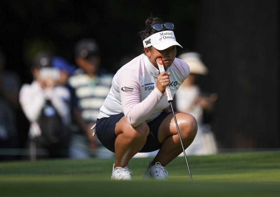 Megan Khang, of the United States, lines up a putt on the sixth hole during the final round of the CPKC Women’s Open golf tournament Sunday, Aug. 27, 2023, in Vancouver, British Columbia. (Darryl Dyck/The Canadian Press via AP)